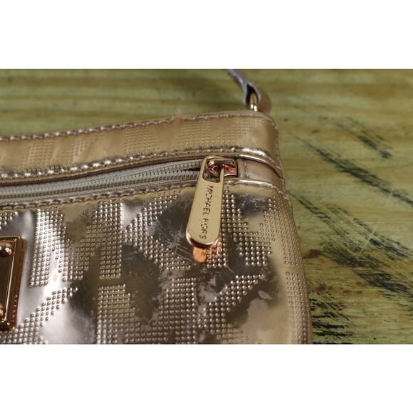 MICHAEL KORS Clutch Wristlet Rose Gold Monogram Logo Mirror Metallic Zip - Picture 6 of 14